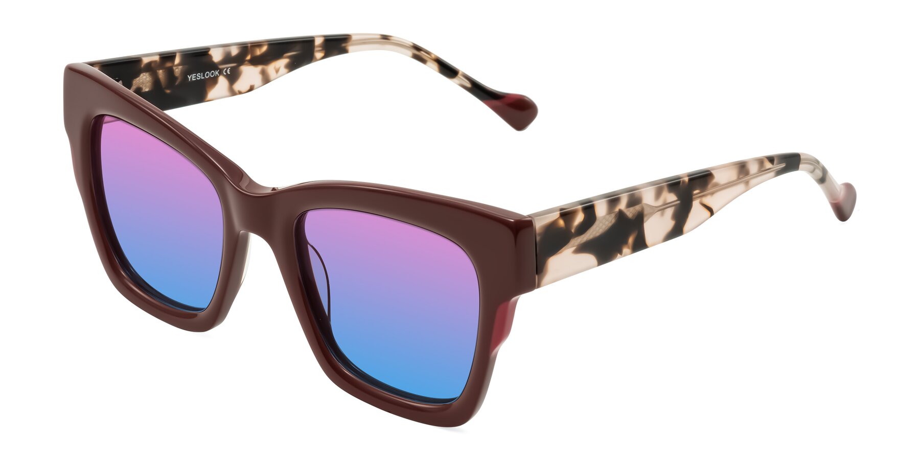 Angle of Yatole in Maroon/Ivory Tortoise with Pink / Blue Gradient Lenses