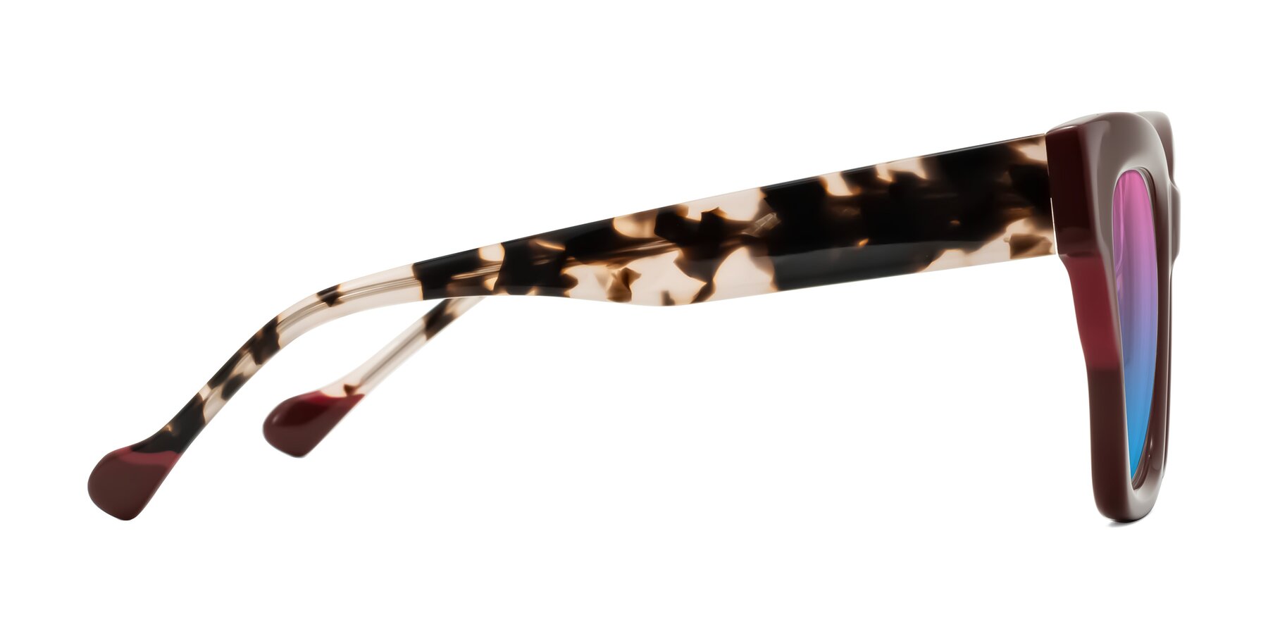 Side of Yatole in Maroon/Ivory Tortoise with Pink / Blue Gradient Lenses