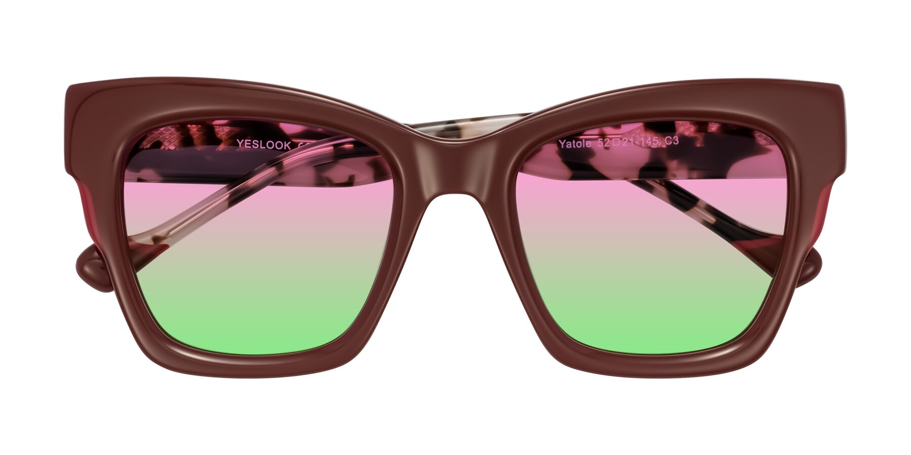 Folded Front of Yatole in Maroon/Ivory Tortoise with Pink / Green Gradient Lenses