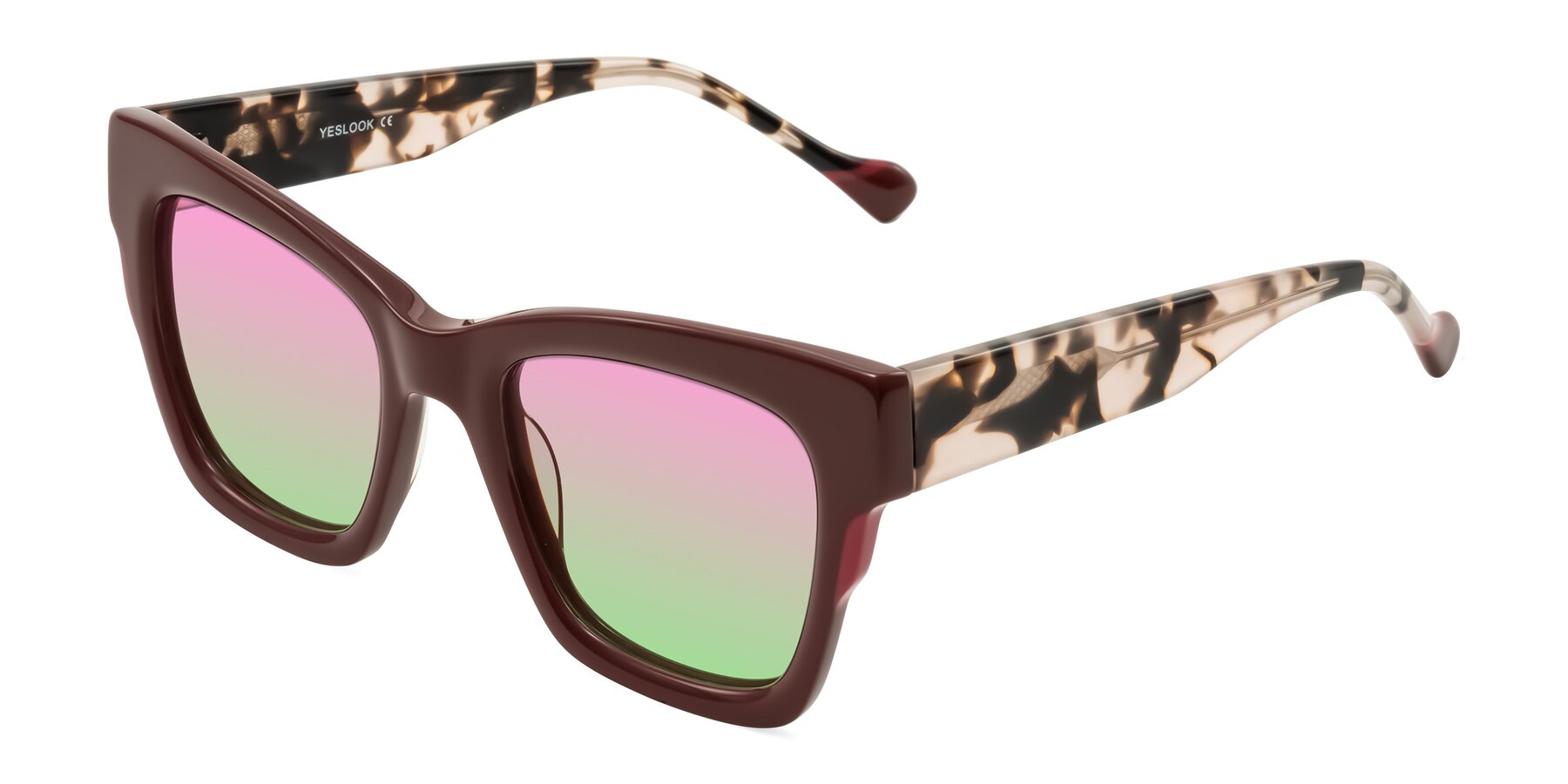 Angle of Yatole in Maroon/Ivory Tortoise with Pink / Green Gradient Lenses
