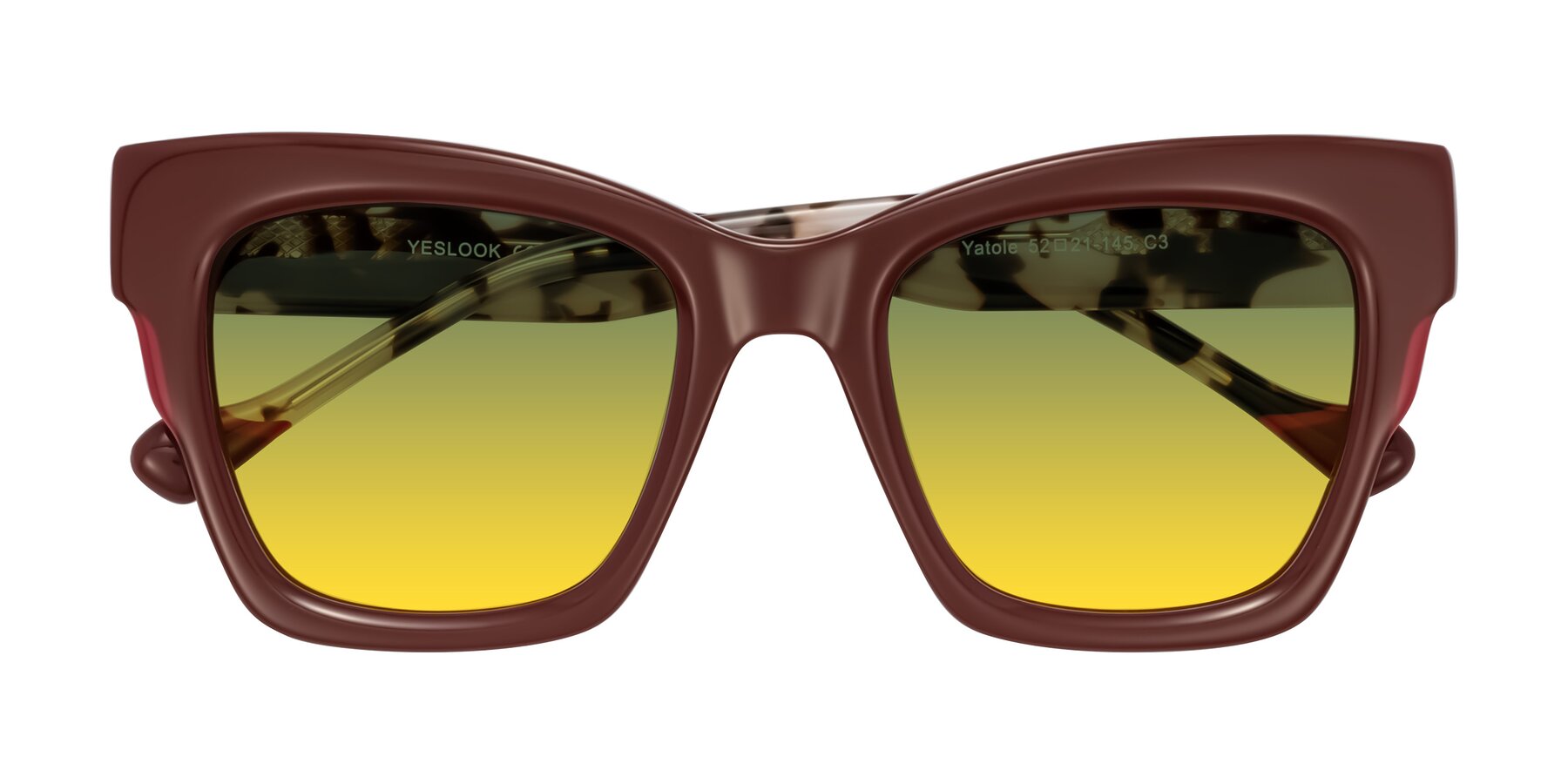 Folded Front of Yatole in Maroon/Ivory Tortoise with Green / Yellow Gradient Lenses