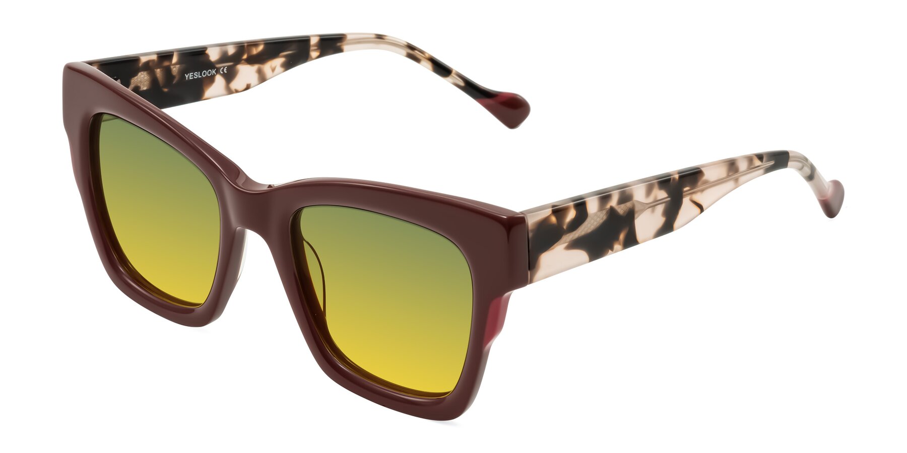 Angle of Yatole in Maroon/Ivory Tortoise with Green / Yellow Gradient Lenses
