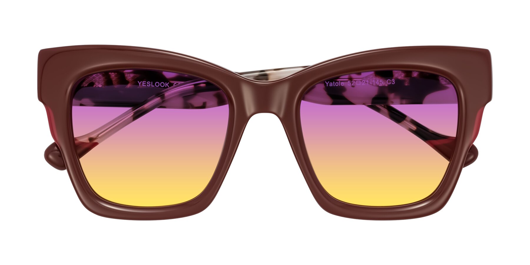 Folded Front of Yatole in Maroon/Ivory Tortoise with Purple / Yellow Gradient Lenses