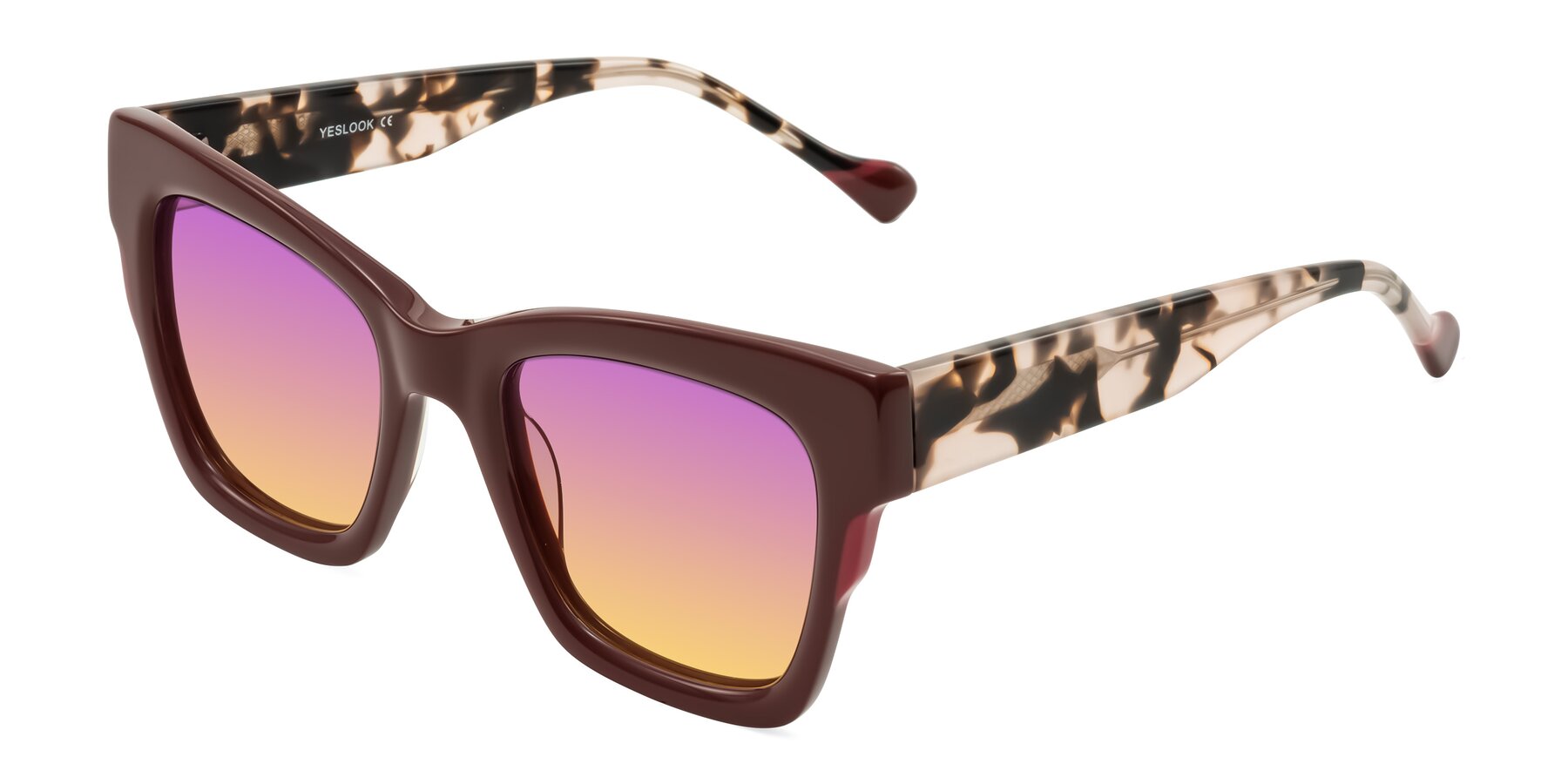 Angle of Yatole in Maroon/Ivory Tortoise with Purple / Yellow Gradient Lenses