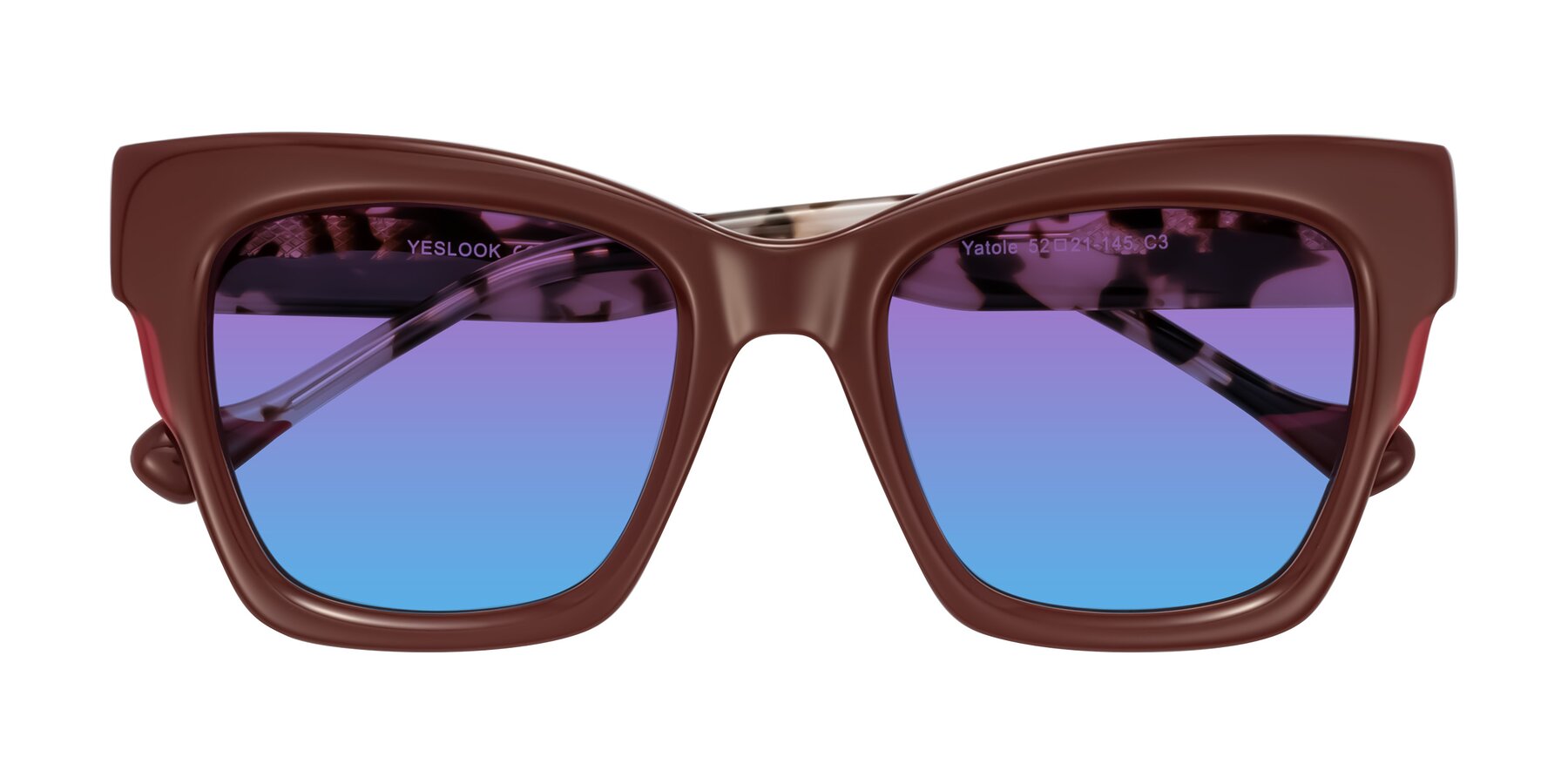 Folded Front of Yatole in Maroon/Ivory Tortoise with Purple / Blue Gradient Lenses