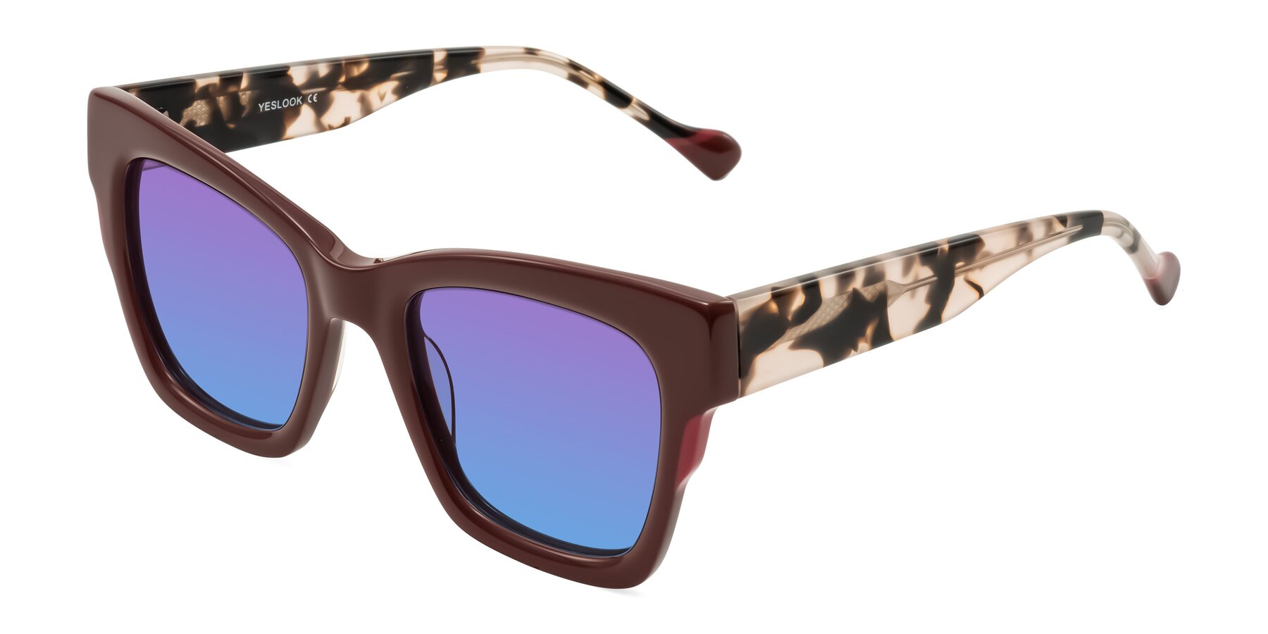 Angle of Yatole in Maroon/Ivory Tortoise with Purple / Blue Gradient Lenses