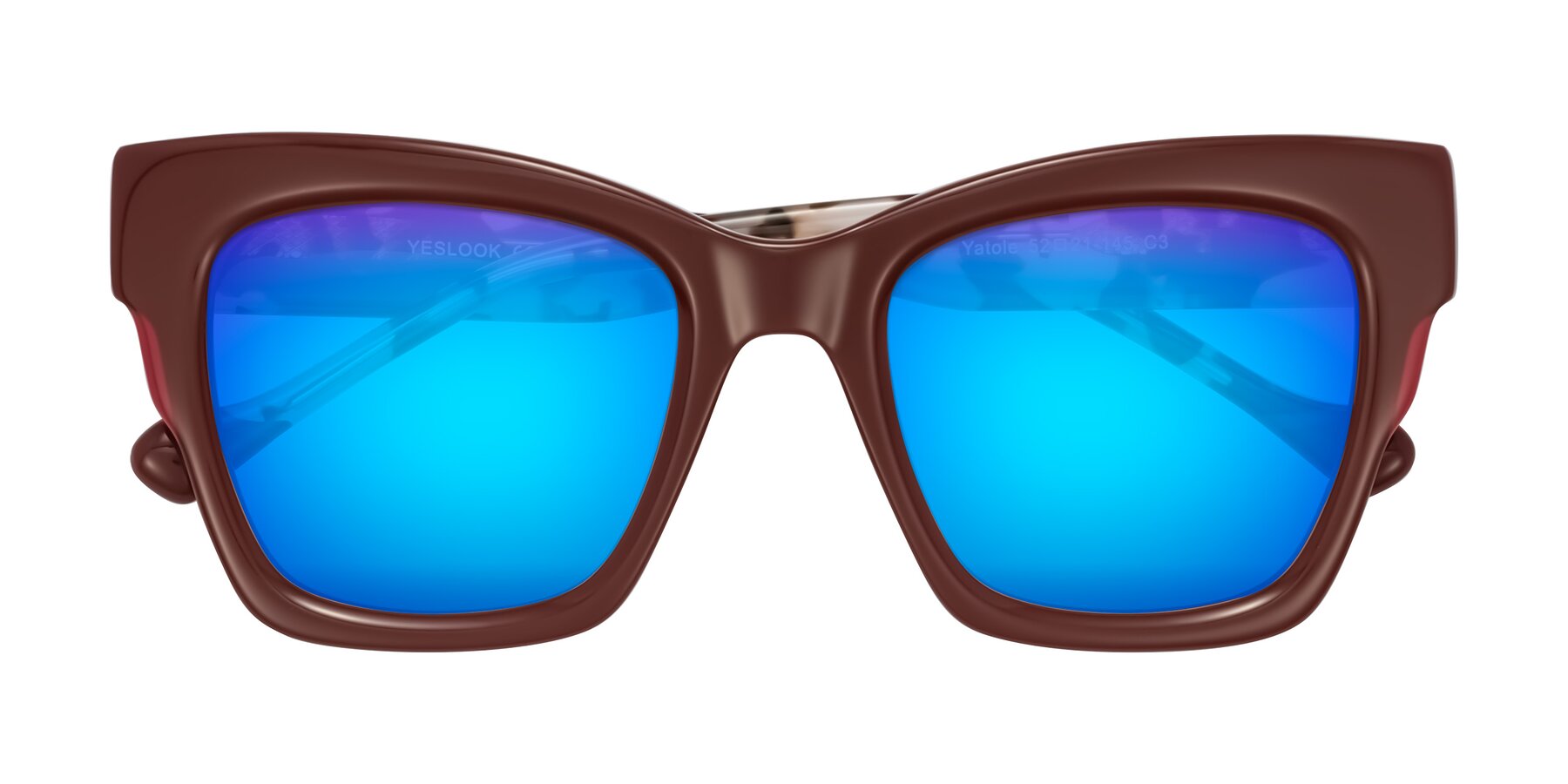 Folded Front of Yatole in Maroon/Ivory Tortoise with Blue Mirrored Lenses