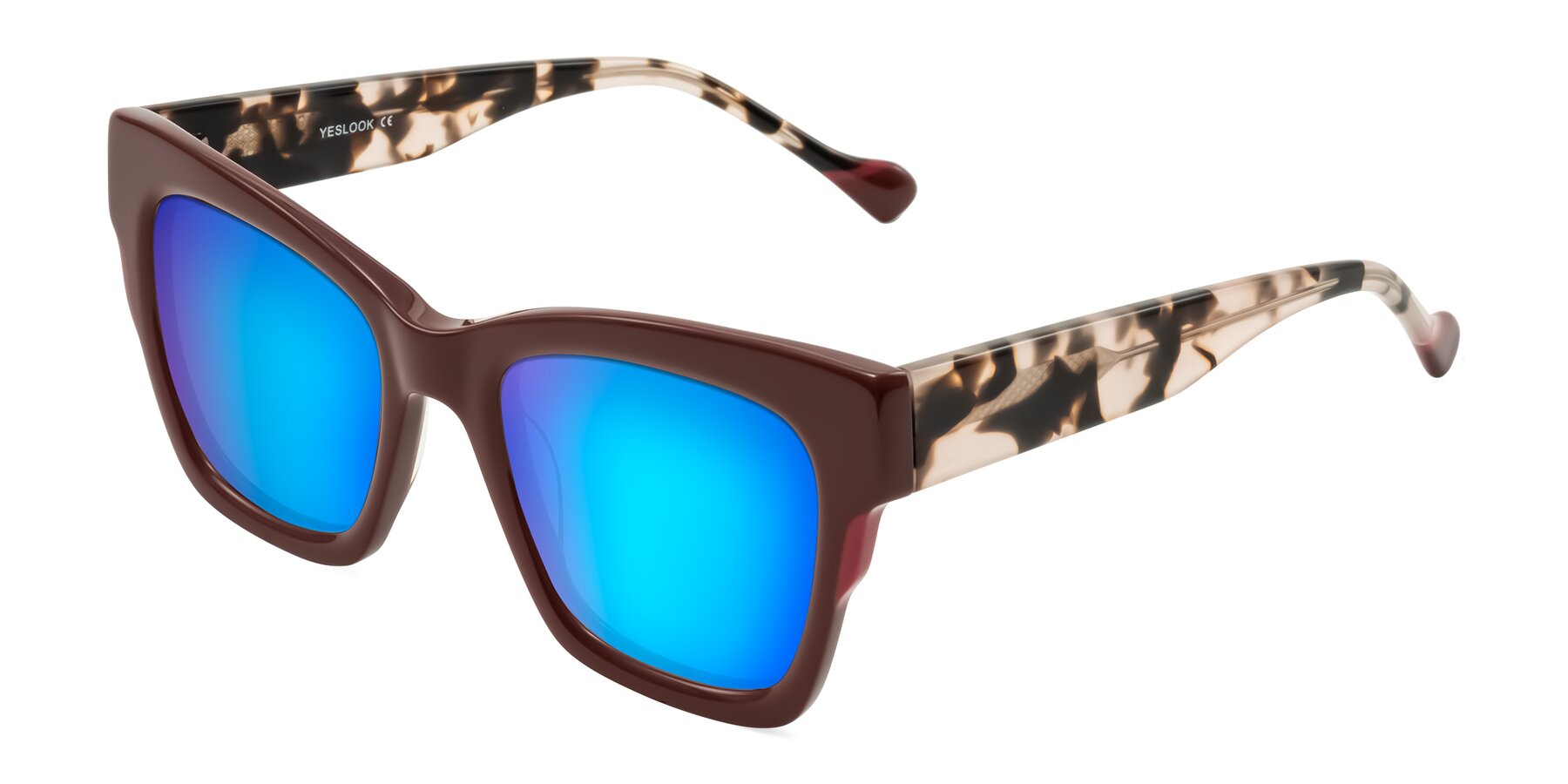 Angle of Yatole in Maroon/Ivory Tortoise with Blue Mirrored Lenses