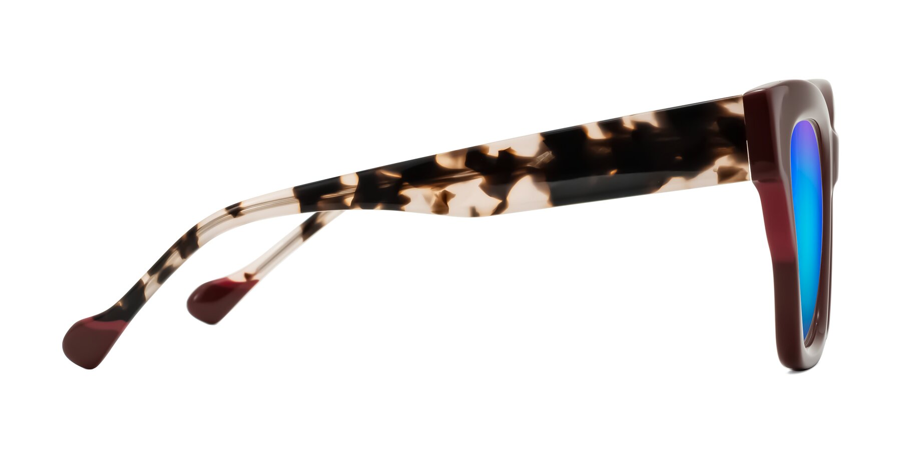 Side of Yatole in Maroon/Ivory Tortoise with Blue Mirrored Lenses