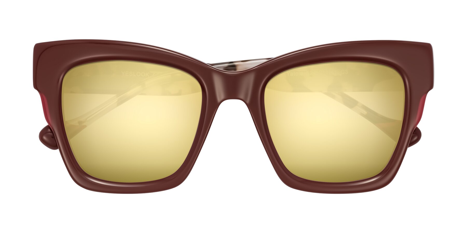 Folded Front of Yatole in Maroon/Ivory Tortoise with Gold Mirrored Lenses