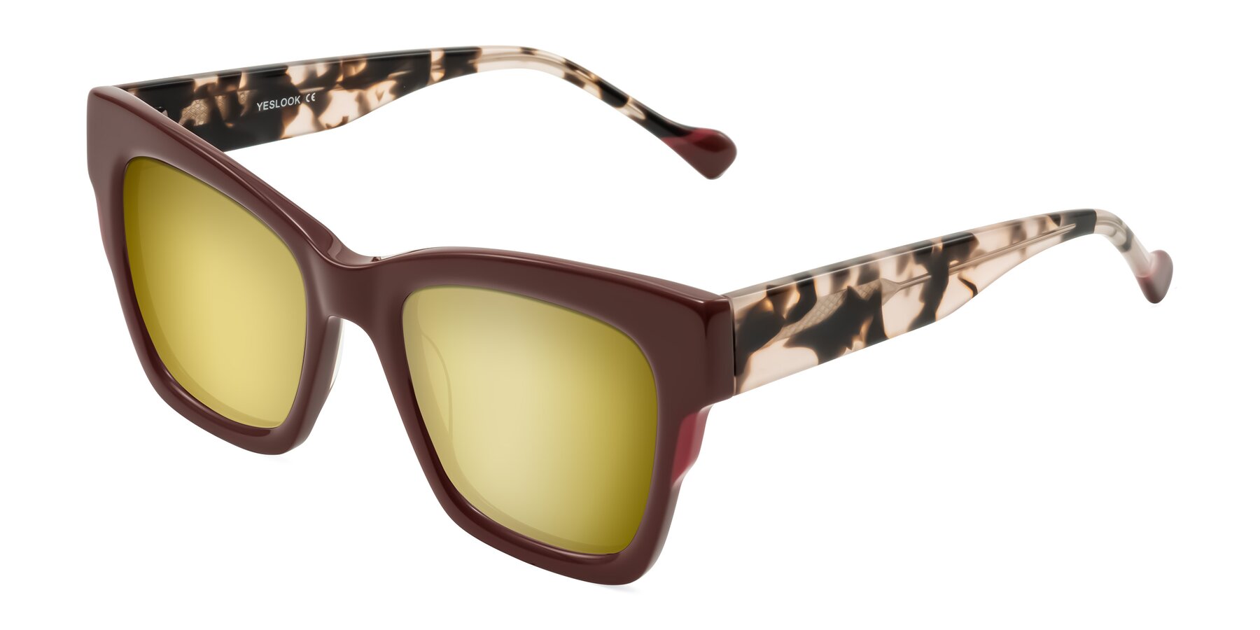 Angle of Yatole in Maroon/Ivory Tortoise with Gold Mirrored Lenses