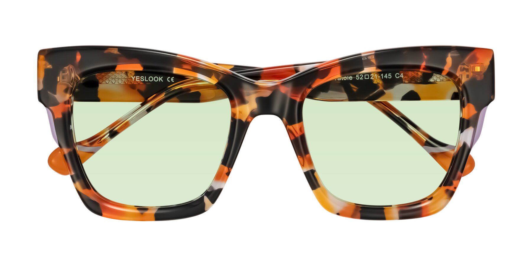 Folded Front of Yatole in Orange Tortoise with Light Green Tinted Lenses
