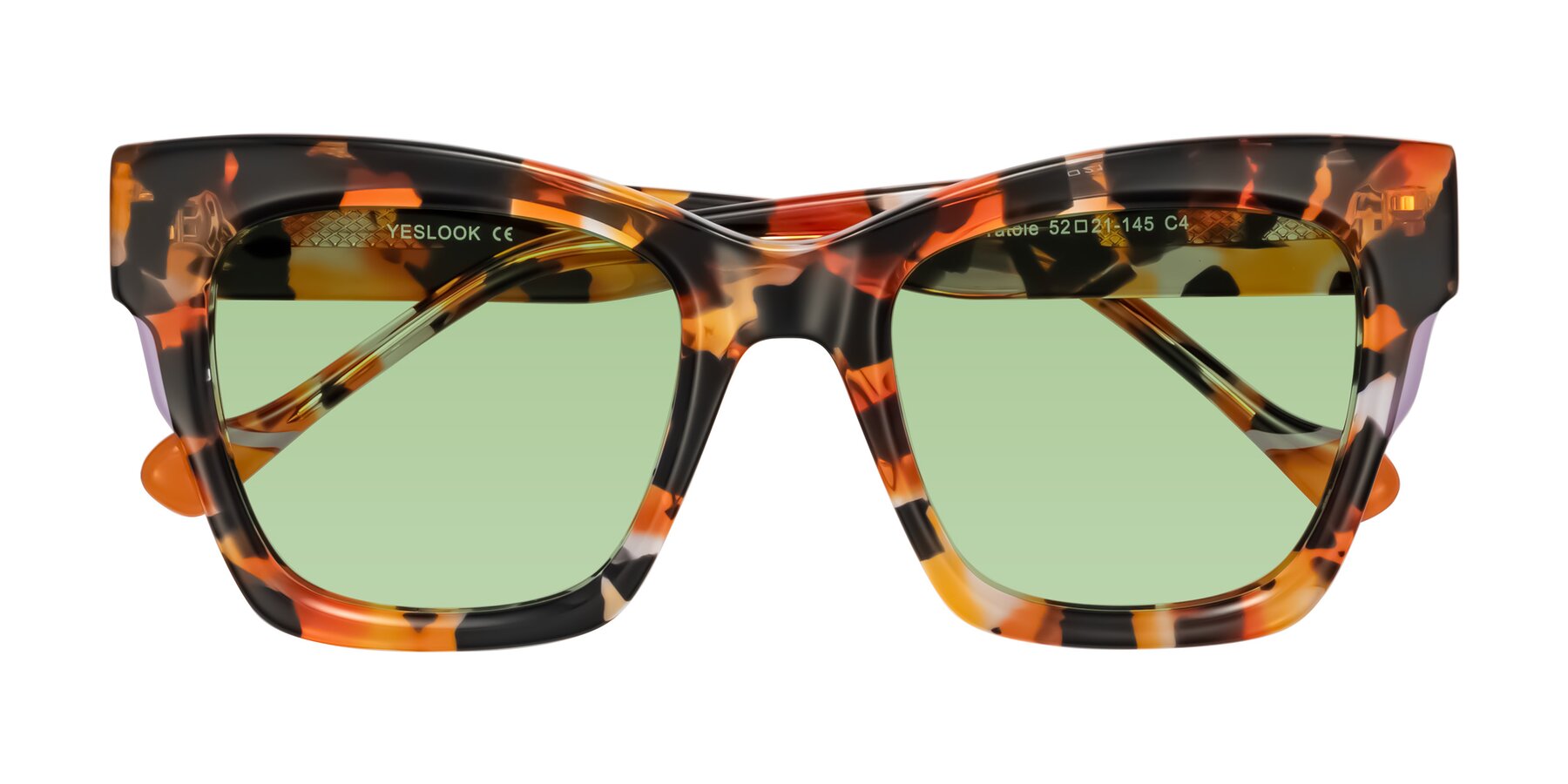Folded Front of Yatole in Orange Tortoise with Medium Green Tinted Lenses
