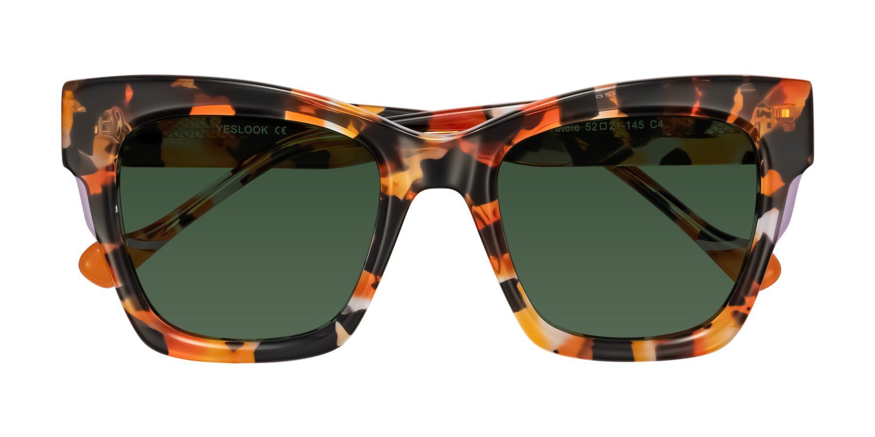 Folded Front of Yatole in Orange Tortoise with Green Tinted Lenses