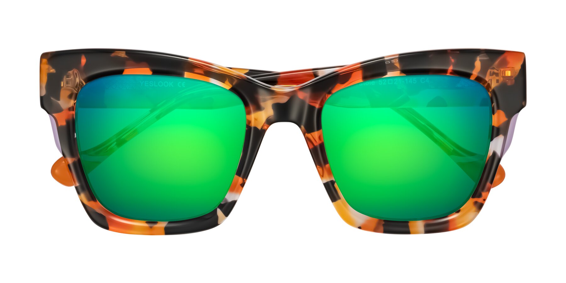 Folded Front of Yatole in Orange Tortoise with Green Mirrored Lenses