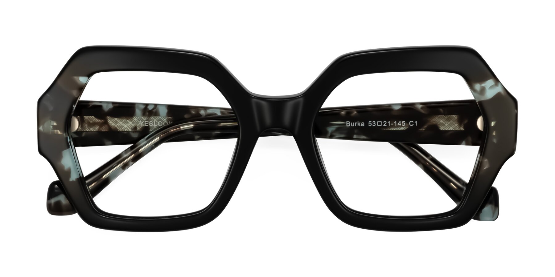 Folded Front of Burka in Black/Teal Tortoise with Clear Blue Light Blocking Lenses