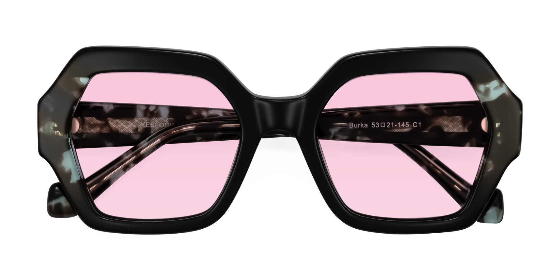 Folded Front of Burka in Black/Teal Tortoise with Light Pink Tinted Lenses