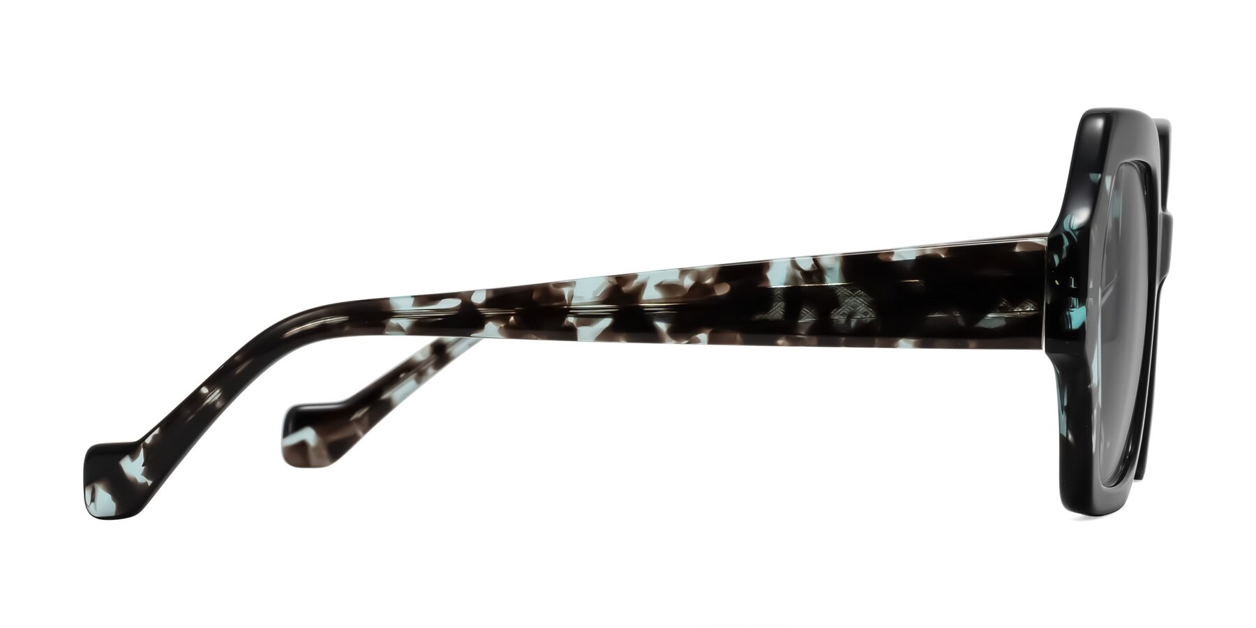 Side of Burka in Black/Teal Tortoise with Light Gray Tinted Lenses