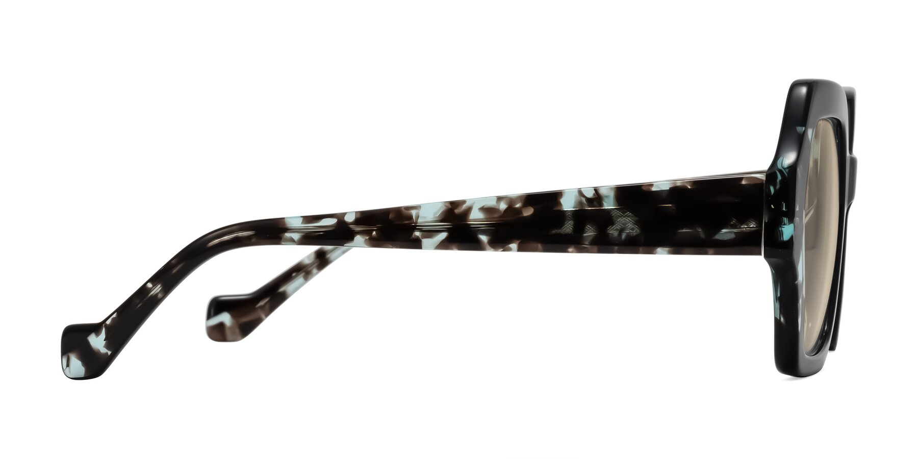 Side of Burka in Black/Teal Tortoise with Light Brown Tinted Lenses