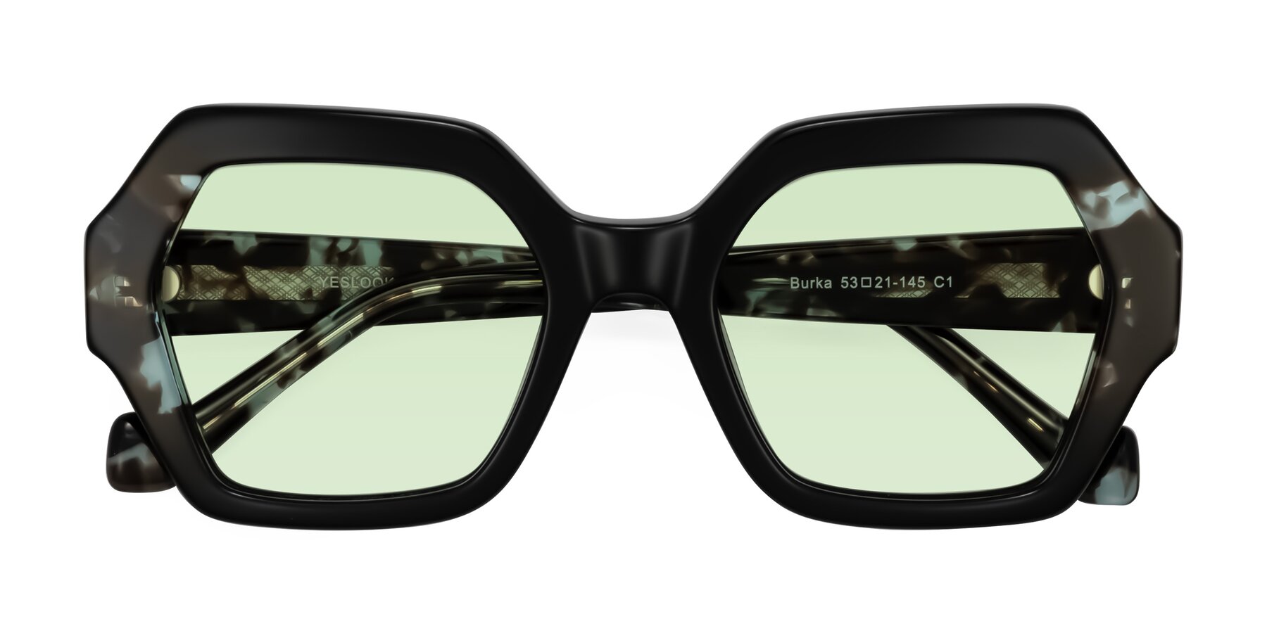 Folded Front of Burka in Black/Teal Tortoise with Light Green Tinted Lenses
