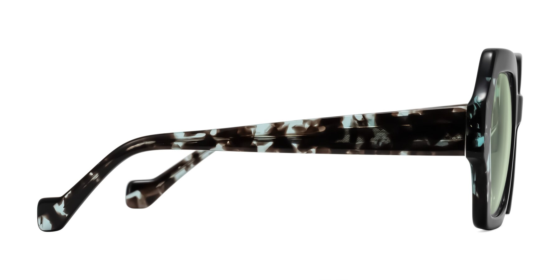 Side of Burka in Black/Teal Tortoise with Light Green Tinted Lenses