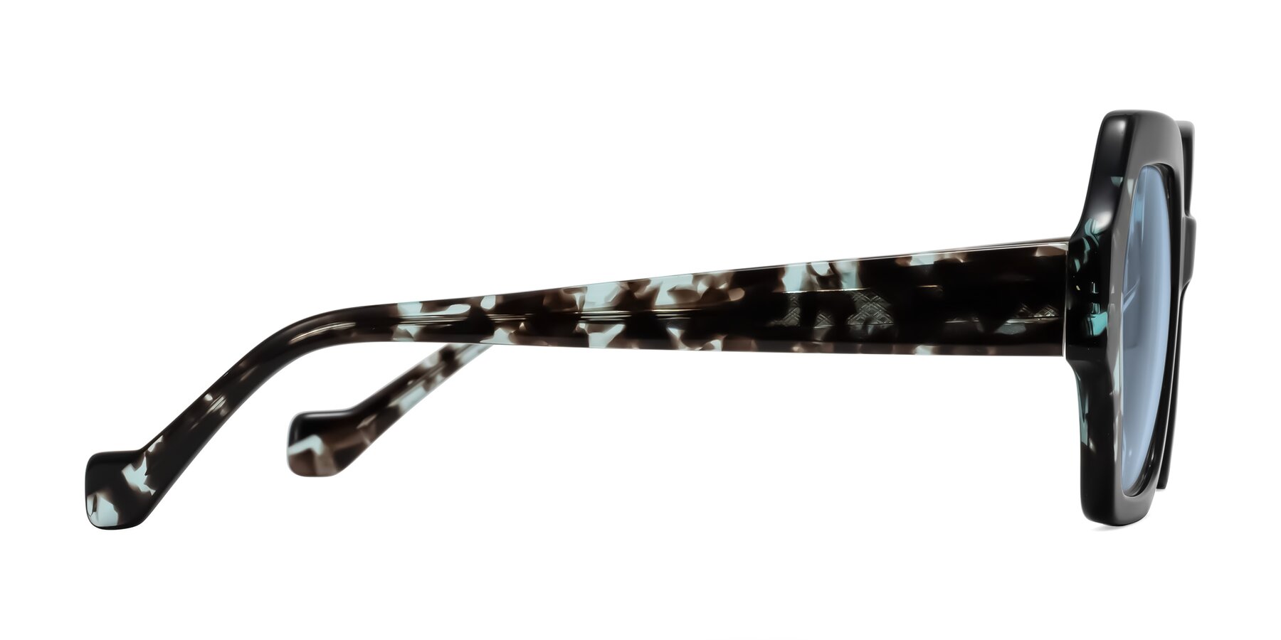 Side of Burka in Black/Teal Tortoise with Light Blue Tinted Lenses