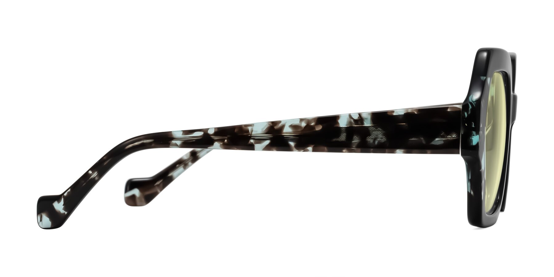 Side of Burka in Black/Teal Tortoise with Light Yellow Tinted Lenses