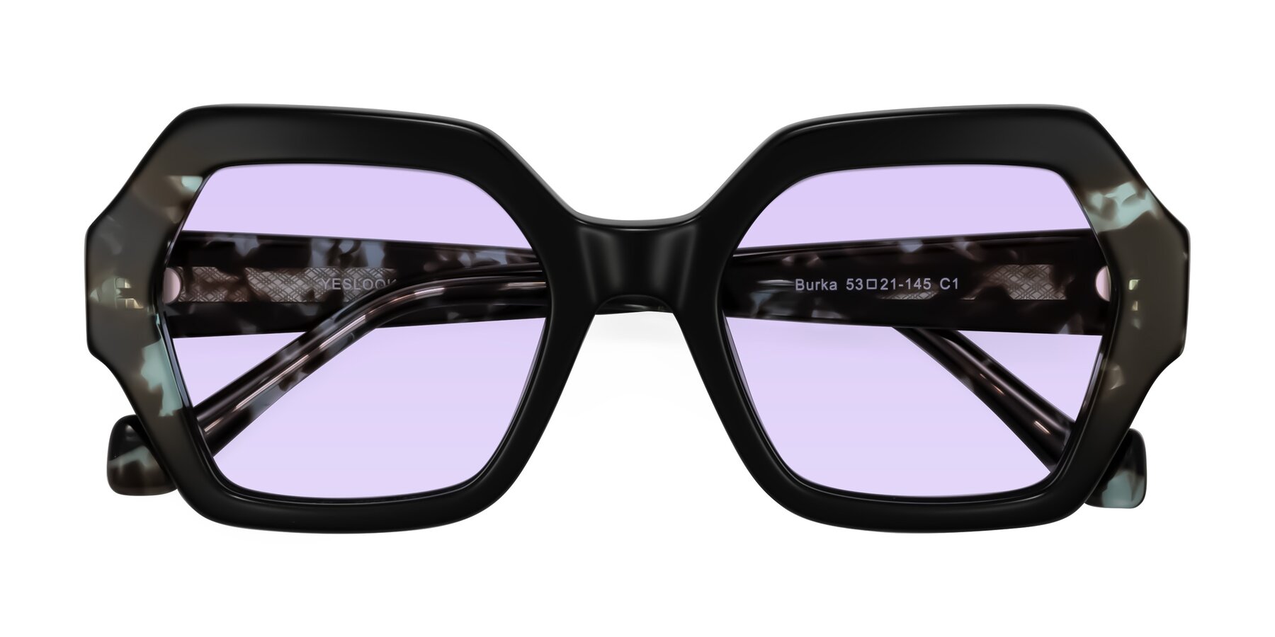 Folded Front of Burka in Black/Teal Tortoise with Light Purple Tinted Lenses