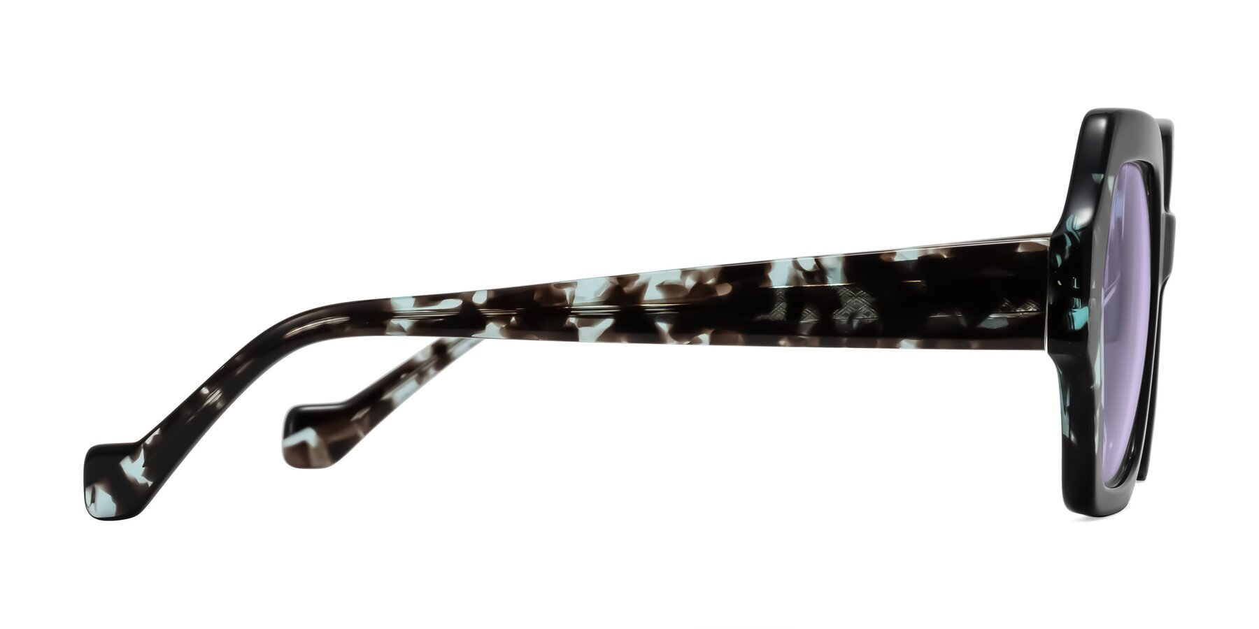 Side of Burka in Black/Teal Tortoise with Light Purple Tinted Lenses