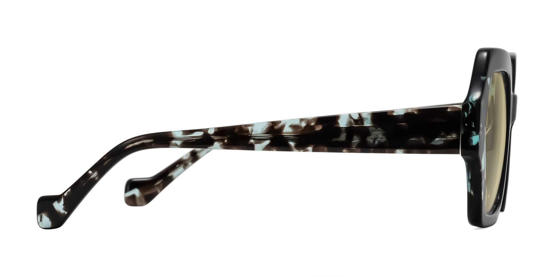 Side of Burka in Black/Teal Tortoise with Light Champagne Tinted Lenses