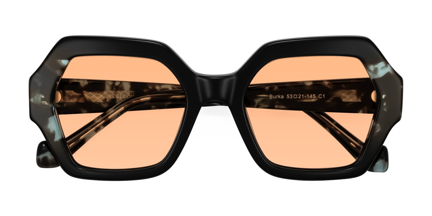 Folded Front of Burka in Black/Teal Tortoise with Light Orange Tinted Lenses