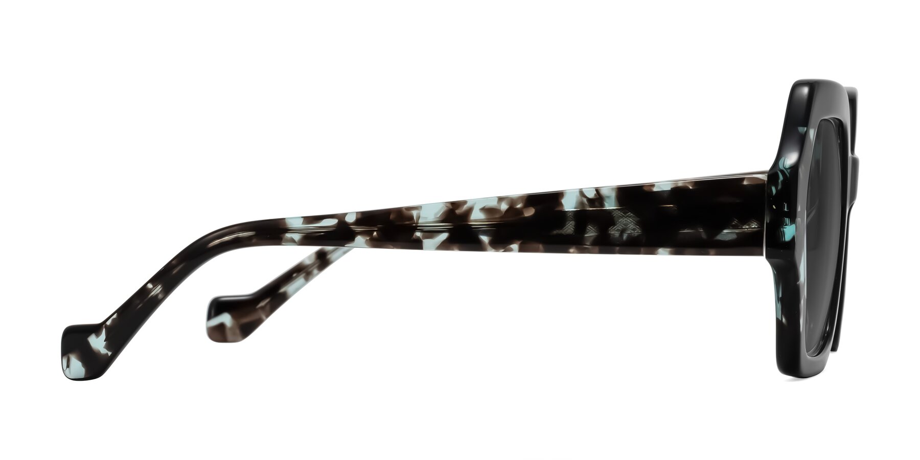 Side of Burka in Black/Teal Tortoise with Medium Gray Tinted Lenses