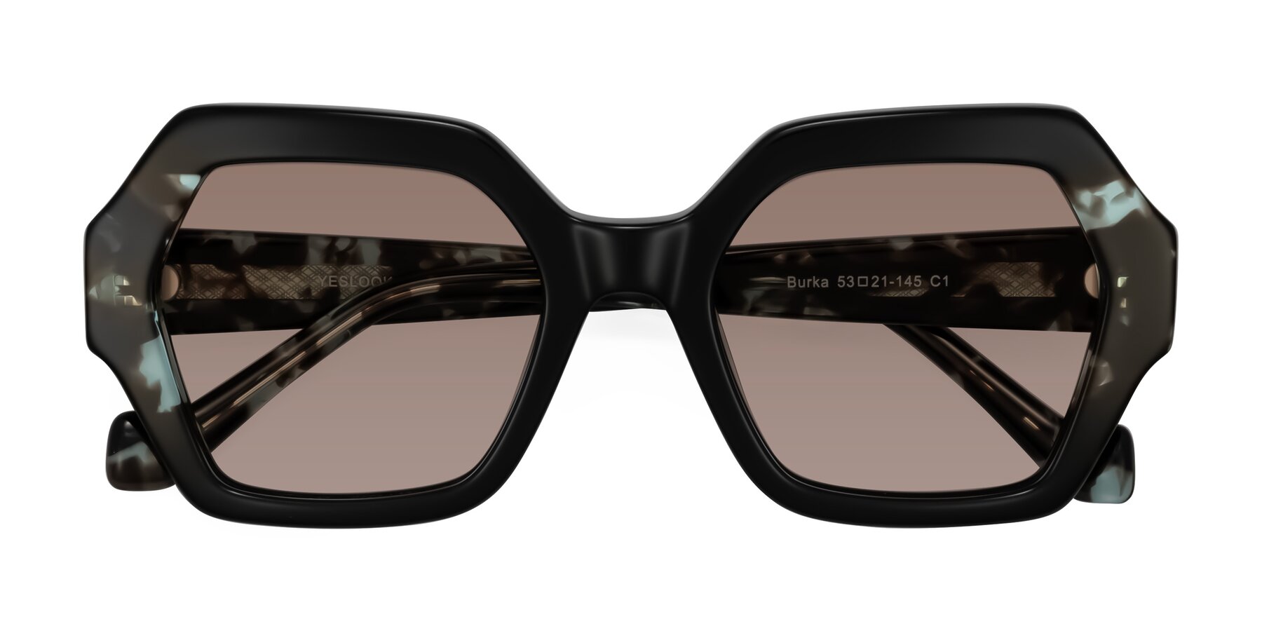 Folded Front of Burka in Black/Teal Tortoise with Medium Brown Tinted Lenses