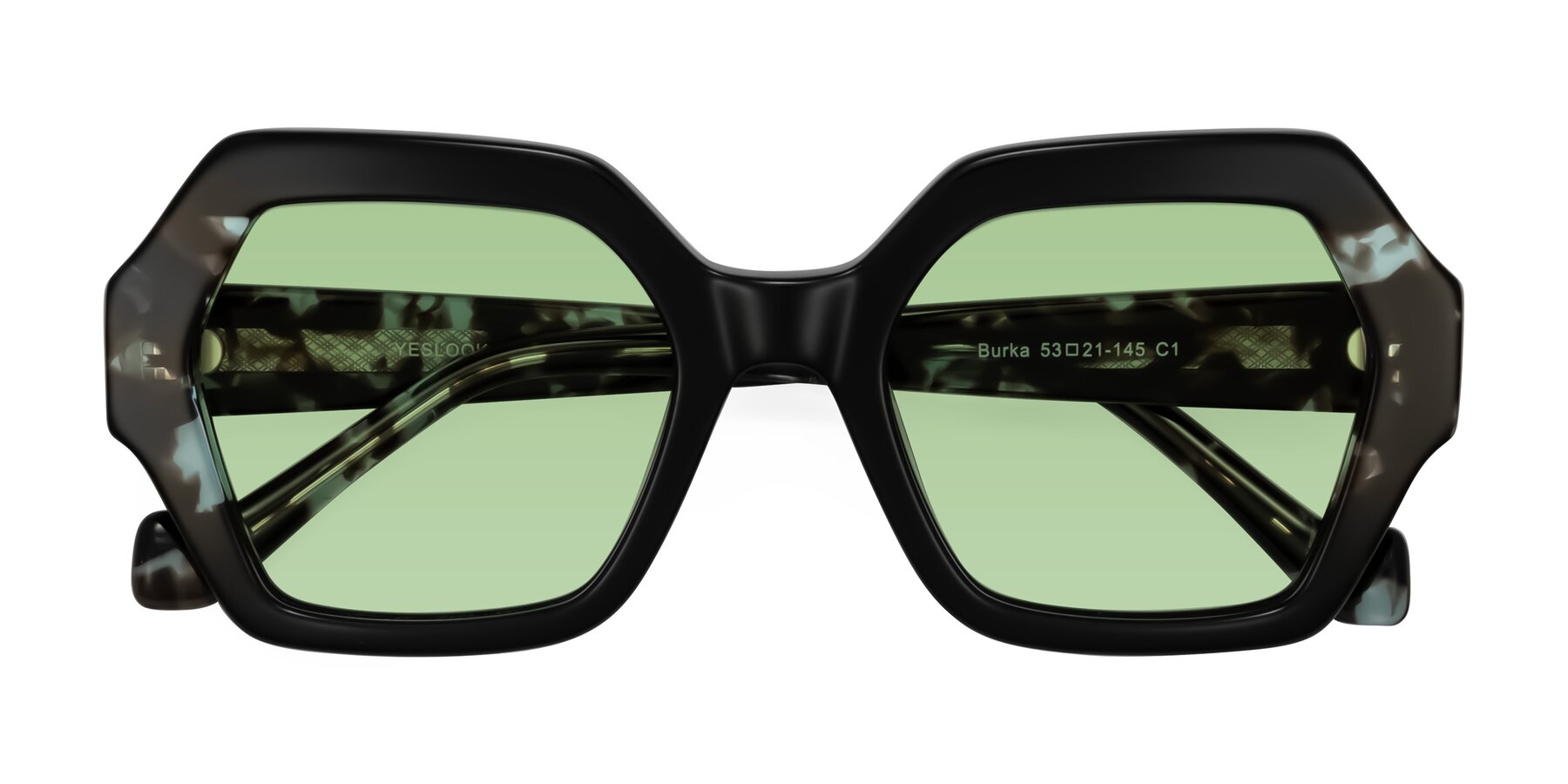 Folded Front of Burka in Black/Teal Tortoise with Medium Green Tinted Lenses