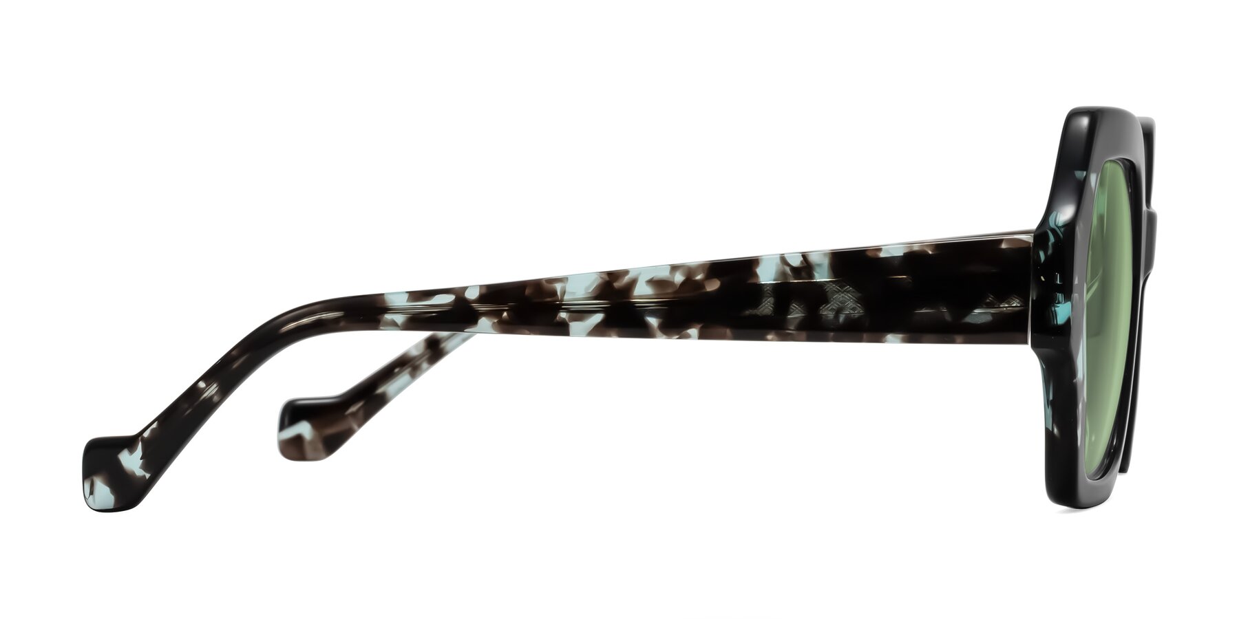 Side of Burka in Black/Teal Tortoise with Medium Green Tinted Lenses