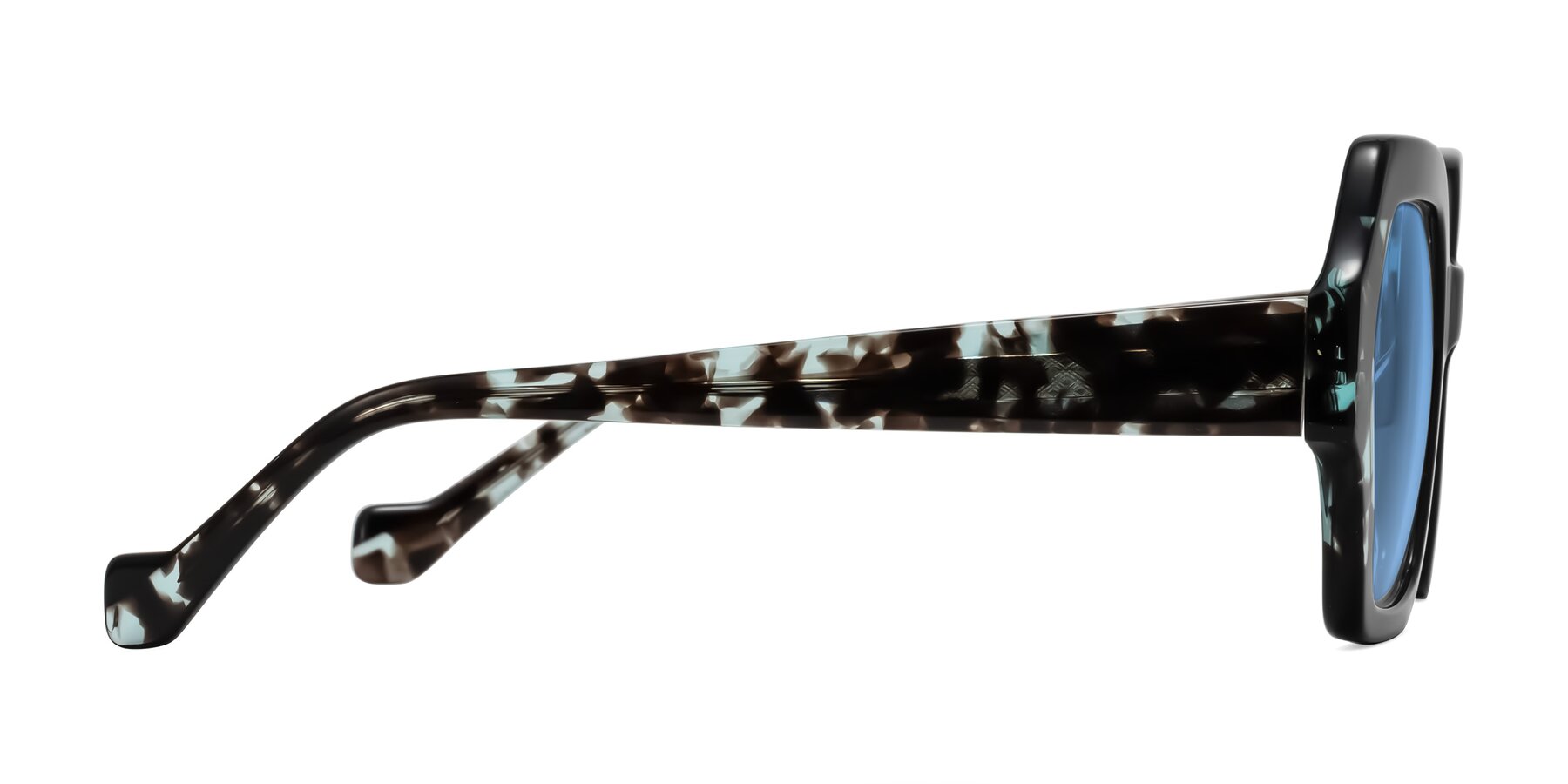 Side of Burka in Black/Teal Tortoise with Medium Blue Tinted Lenses