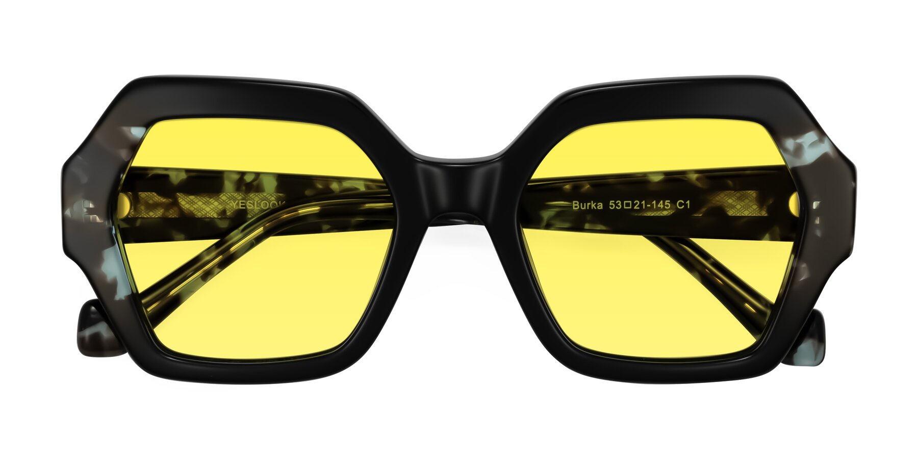 Folded Front of Burka in Black/Teal Tortoise with Medium Yellow Tinted Lenses