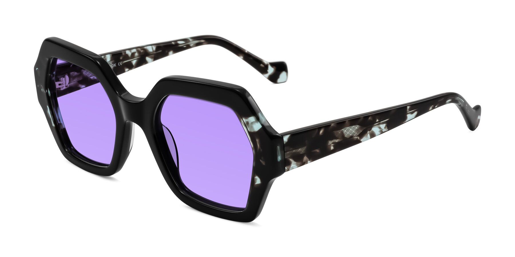 Angle of Burka in Black/Teal Tortoise with Medium Purple Tinted Lenses