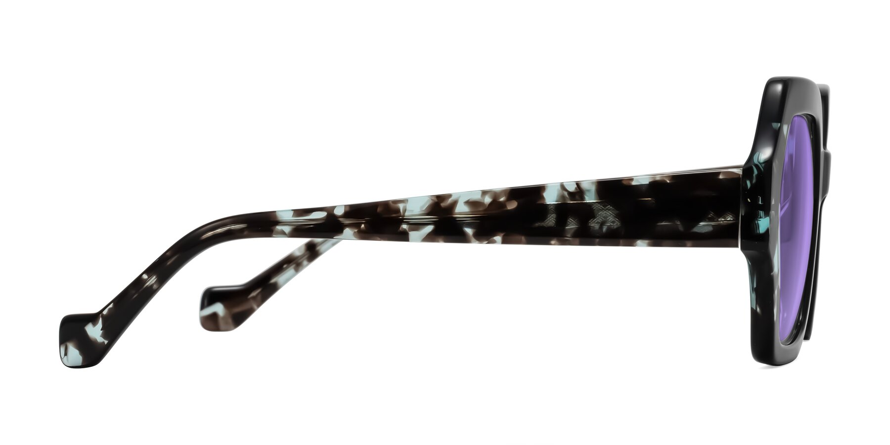 Side of Burka in Black/Teal Tortoise with Medium Purple Tinted Lenses