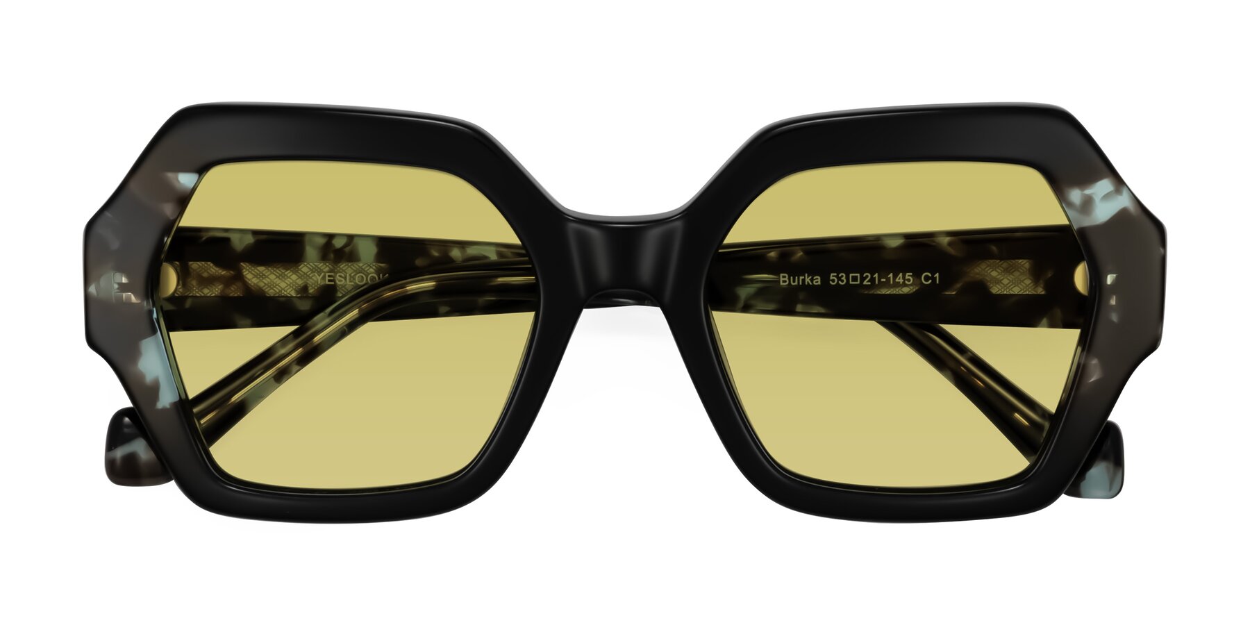 Folded Front of Burka in Black/Teal Tortoise with Medium Champagne Tinted Lenses