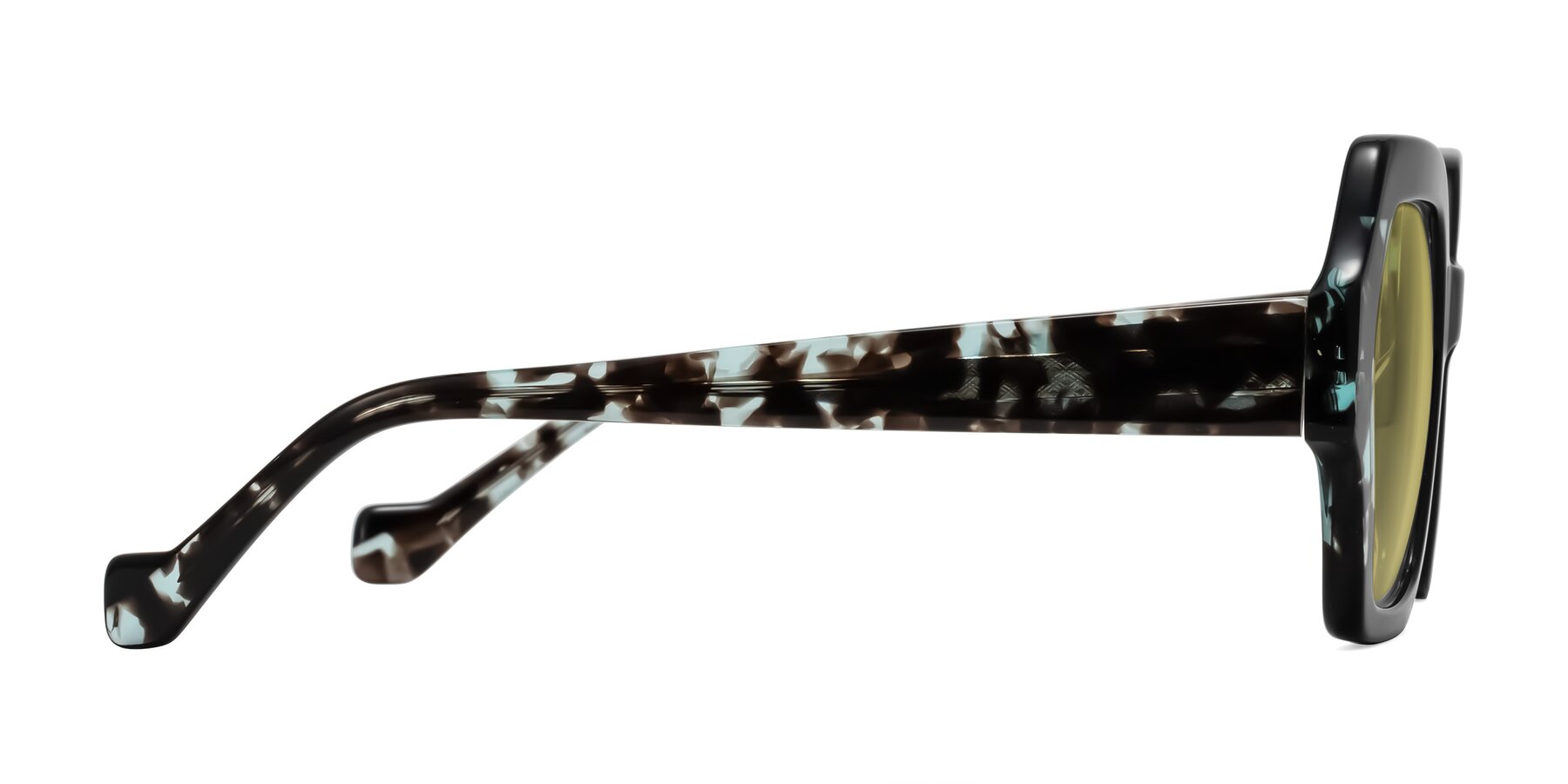 Side of Burka in Black/Teal Tortoise with Medium Champagne Tinted Lenses