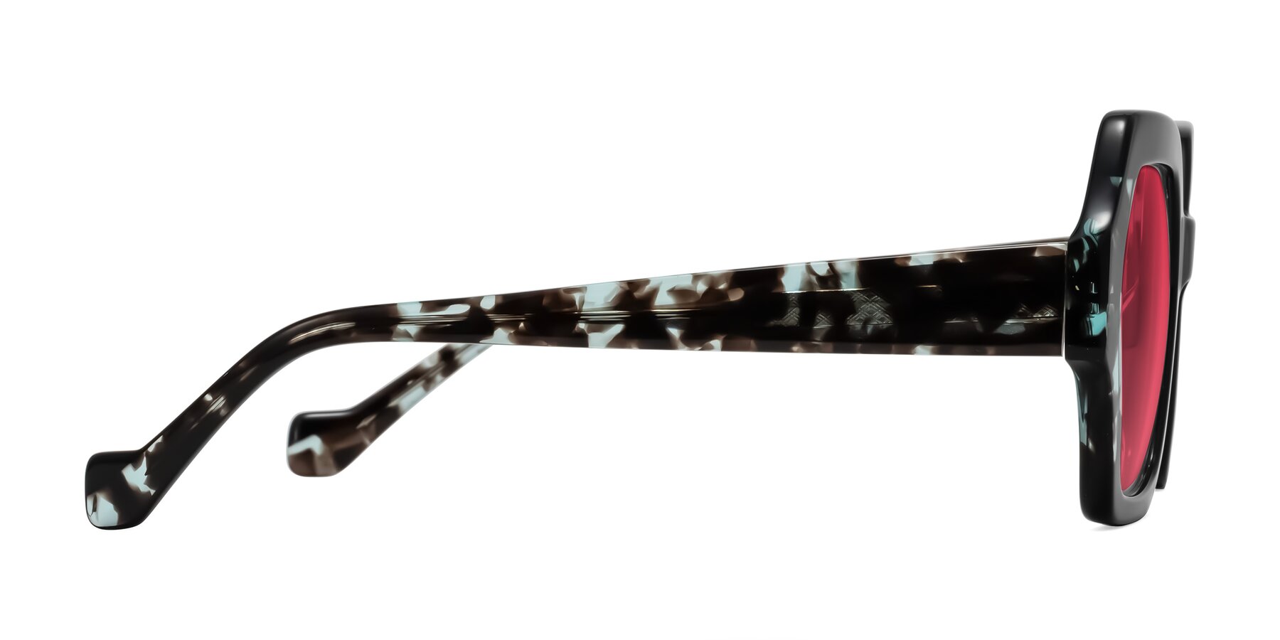 Side of Burka in Black/Teal Tortoise with Red Tinted Lenses
