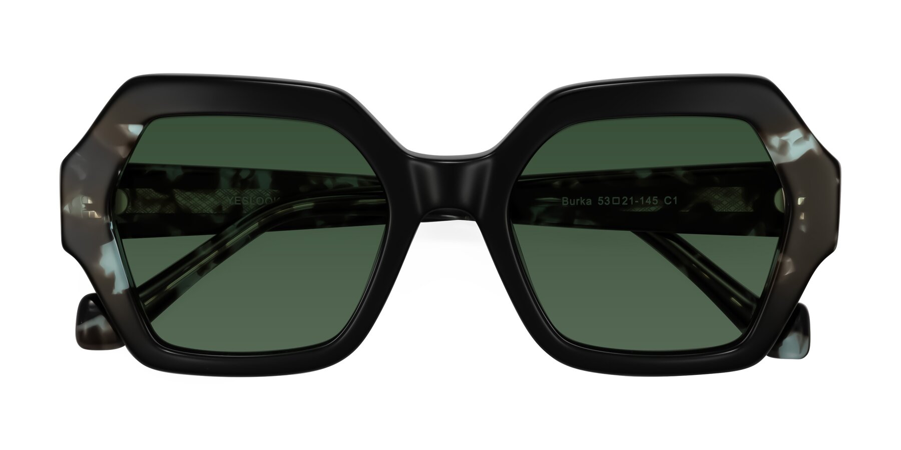 Folded Front of Burka in Black/Teal Tortoise with Green Tinted Lenses