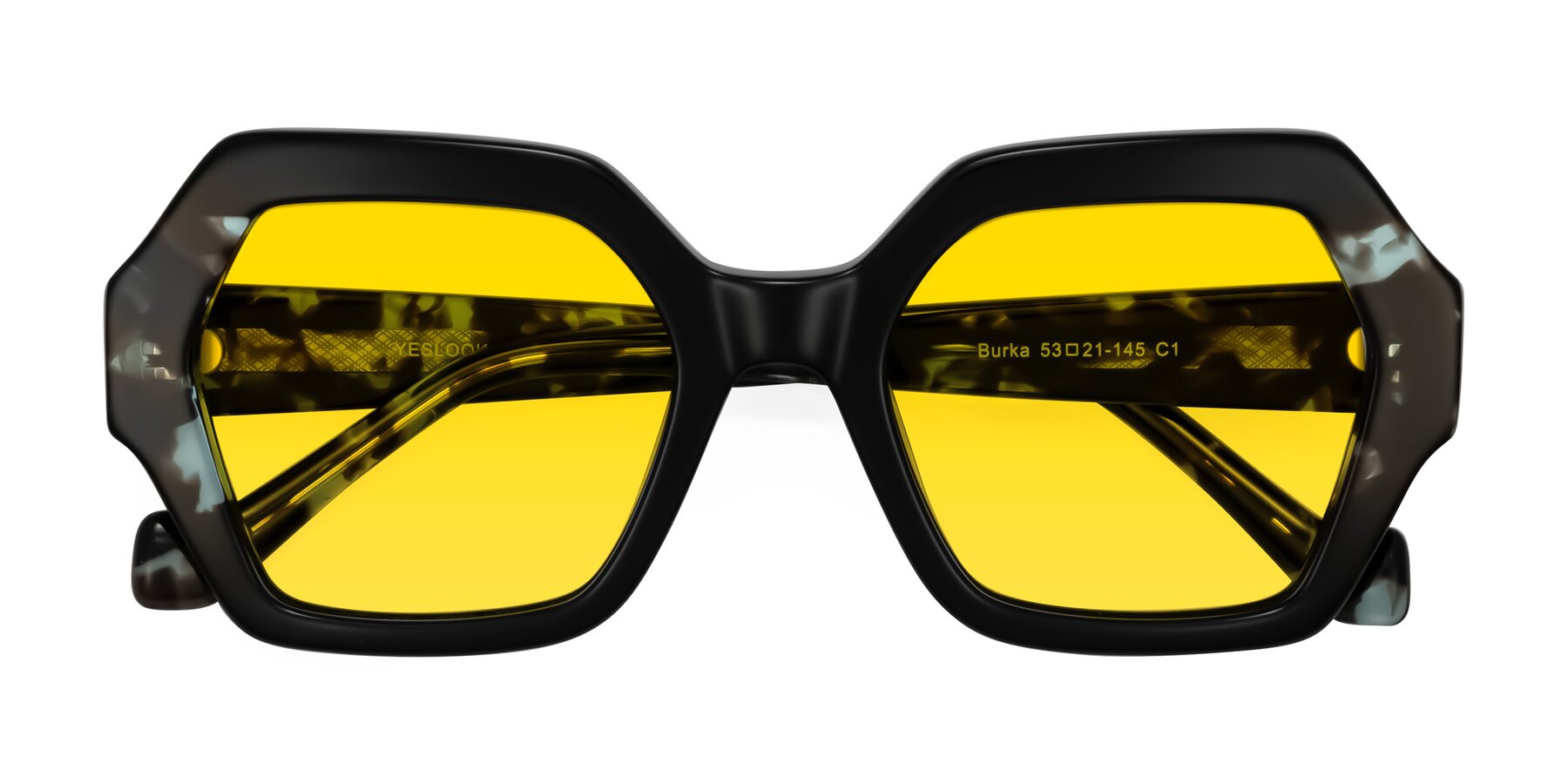 Folded Front of Burka in Black/Teal Tortoise with Yellow Tinted Lenses