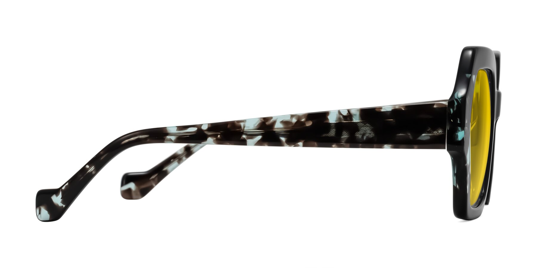 Side of Burka in Black/Teal Tortoise with Yellow Tinted Lenses