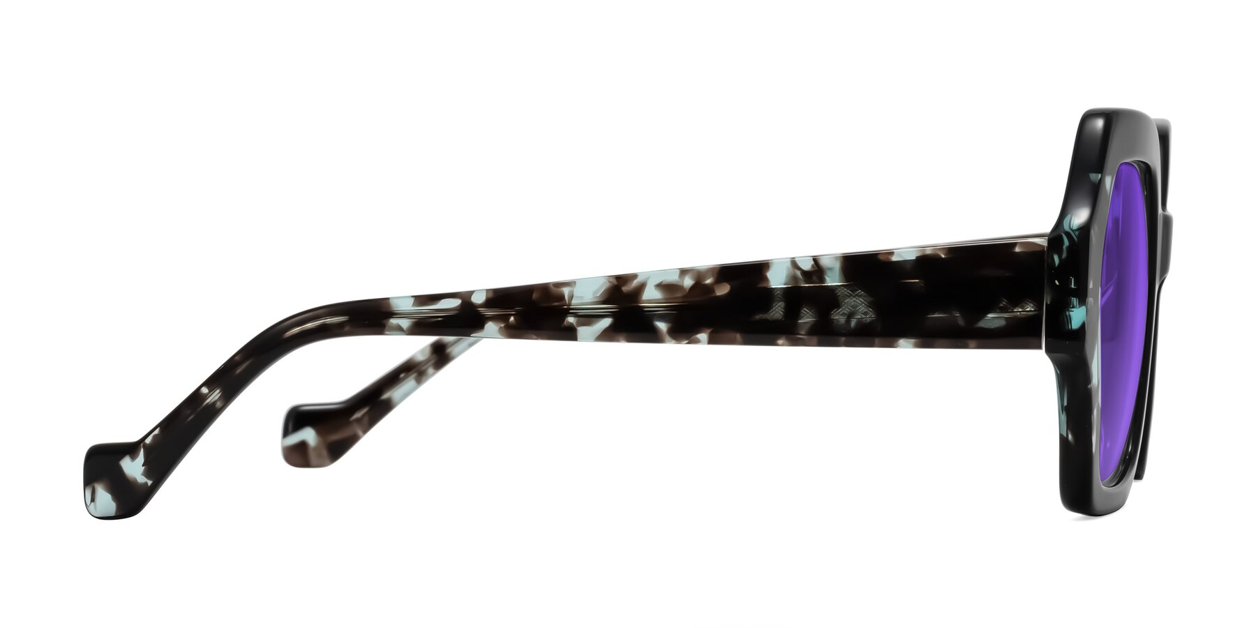 Side of Burka in Black/Teal Tortoise with Purple Tinted Lenses