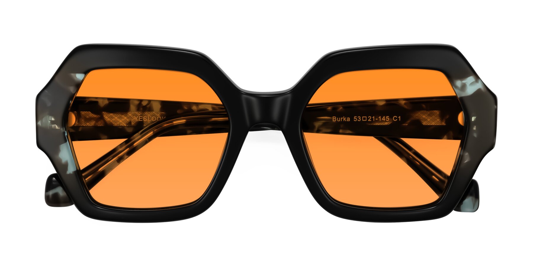 Folded Front of Burka in Black/Teal Tortoise with Orange Tinted Lenses
