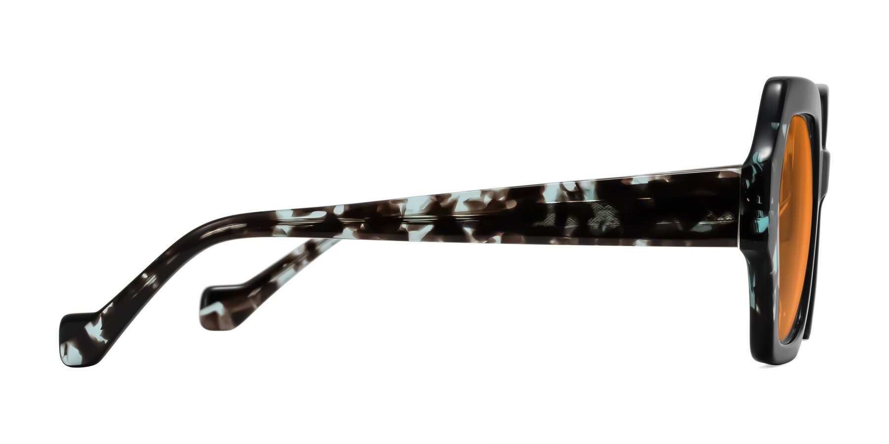 Side of Burka in Black/Teal Tortoise with Orange Tinted Lenses