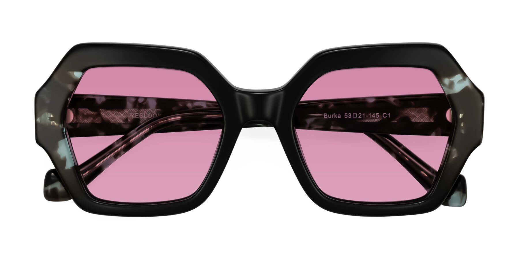 Folded Front of Burka in Black/Teal Tortoise with Medium Wine Tinted Lenses