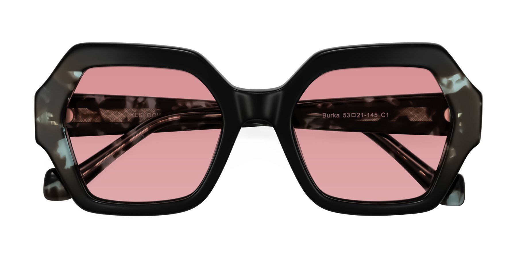 Folded Front of Burka in Black/Teal Tortoise with Medium Garnet Tinted Lenses